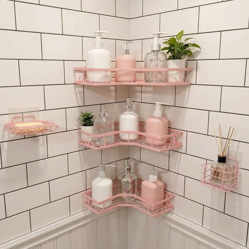 5Pcs Minimalist Pink Shower Or - Home Essentials Bathroom Rack ulasan dan harga